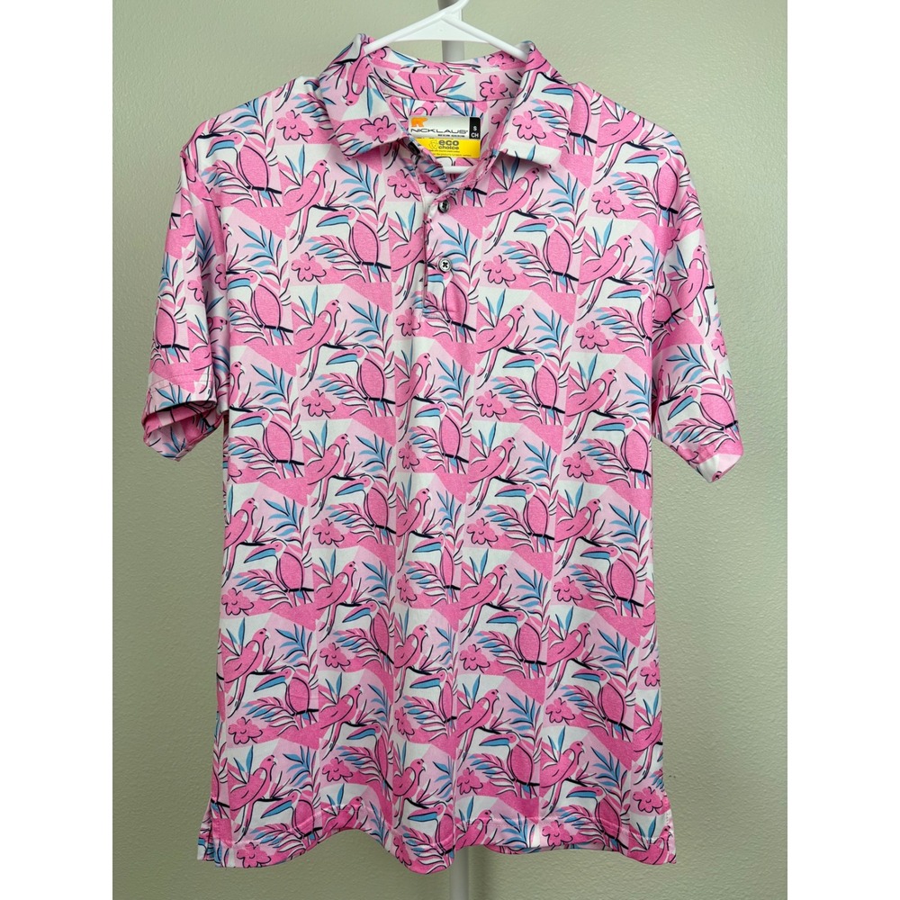 Nicklaus Mens‎ Eco Choice Golf Polo Shirt Pink Tropical Bird Floral Print Small